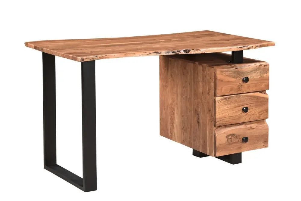 54" Natural and Black Live Edge Solid Wood Writing Desk With Three Drawers - NOBLE HOME INTERIORS