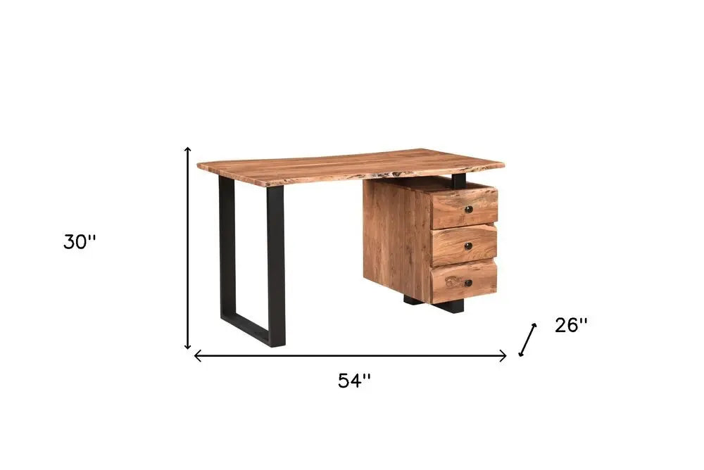 54" Natural and Black Live Edge Solid Wood Writing Desk With Three Drawers - NOBLE HOME INTERIORS
