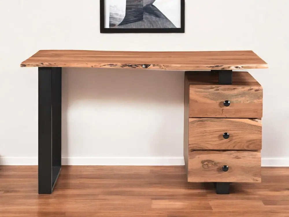 54" Natural and Black Live Edge Solid Wood Writing Desk With Three Drawers - NOBLE HOME INTERIORS