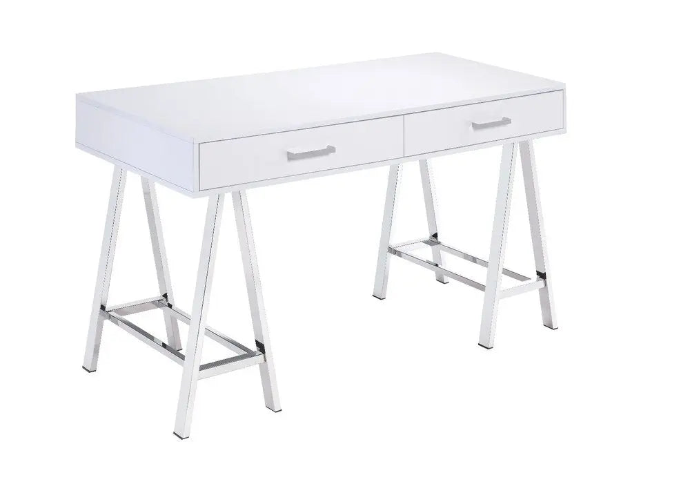 54" White and Silver Writing Desk With Two Drawers - NOBLE HOME INTERIORS