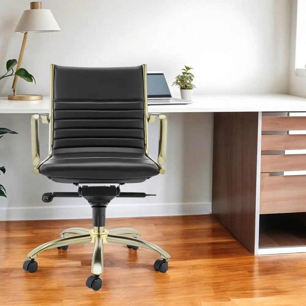 Black and Gold Steel and Faux Leather Adjustable Swivel Rolling Conference Office Chair HomeRoots