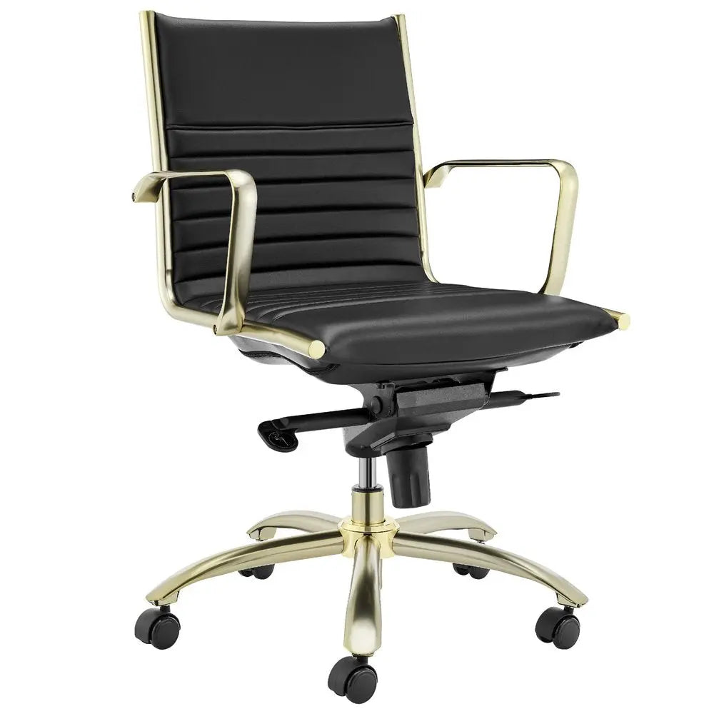 Black and Gold Steel and Faux Leather Adjustable Swivel Rolling Conference Office Chair HomeRoots