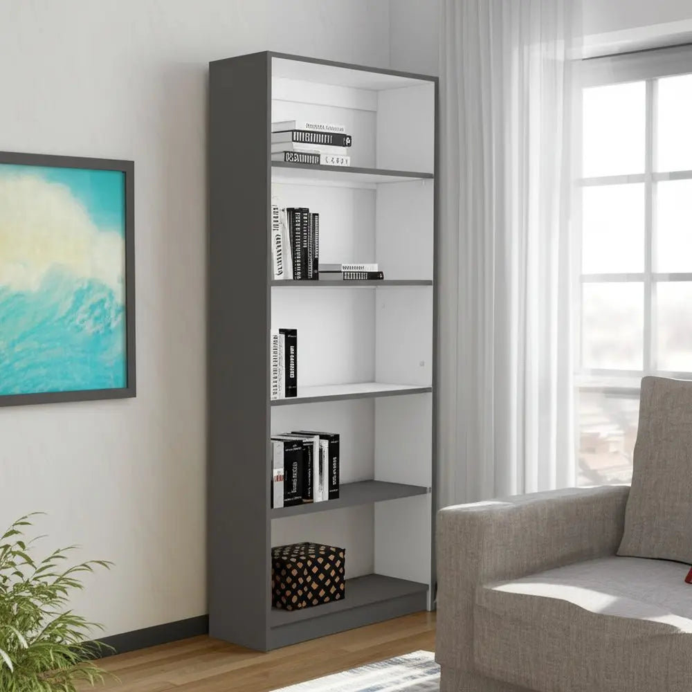 71" Gray And White Wood Five Tier Bookcase HomeRoots