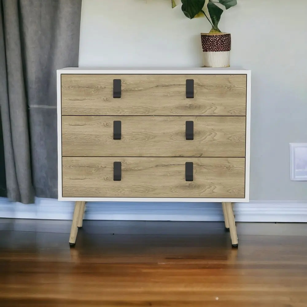 32" White and Natural Three Drawer Dresser HomeRoots