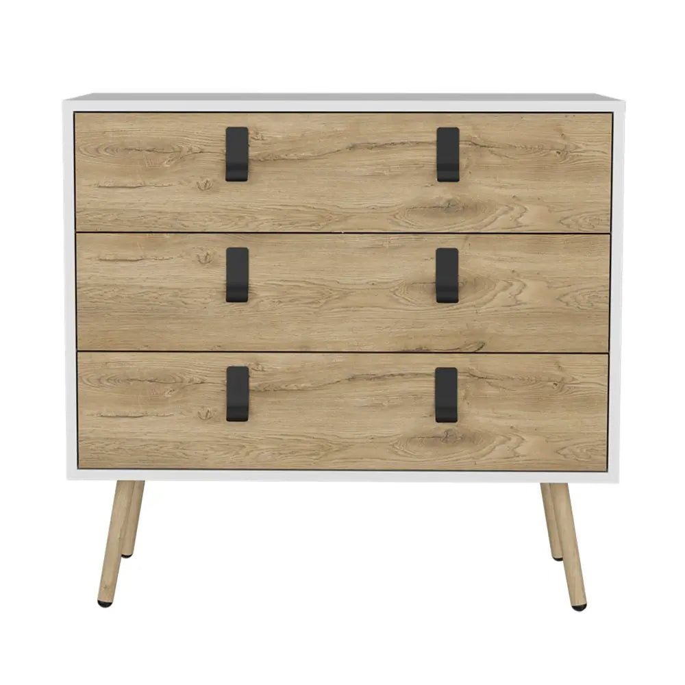 32" White and Natural Three Drawer Dresser HomeRoots