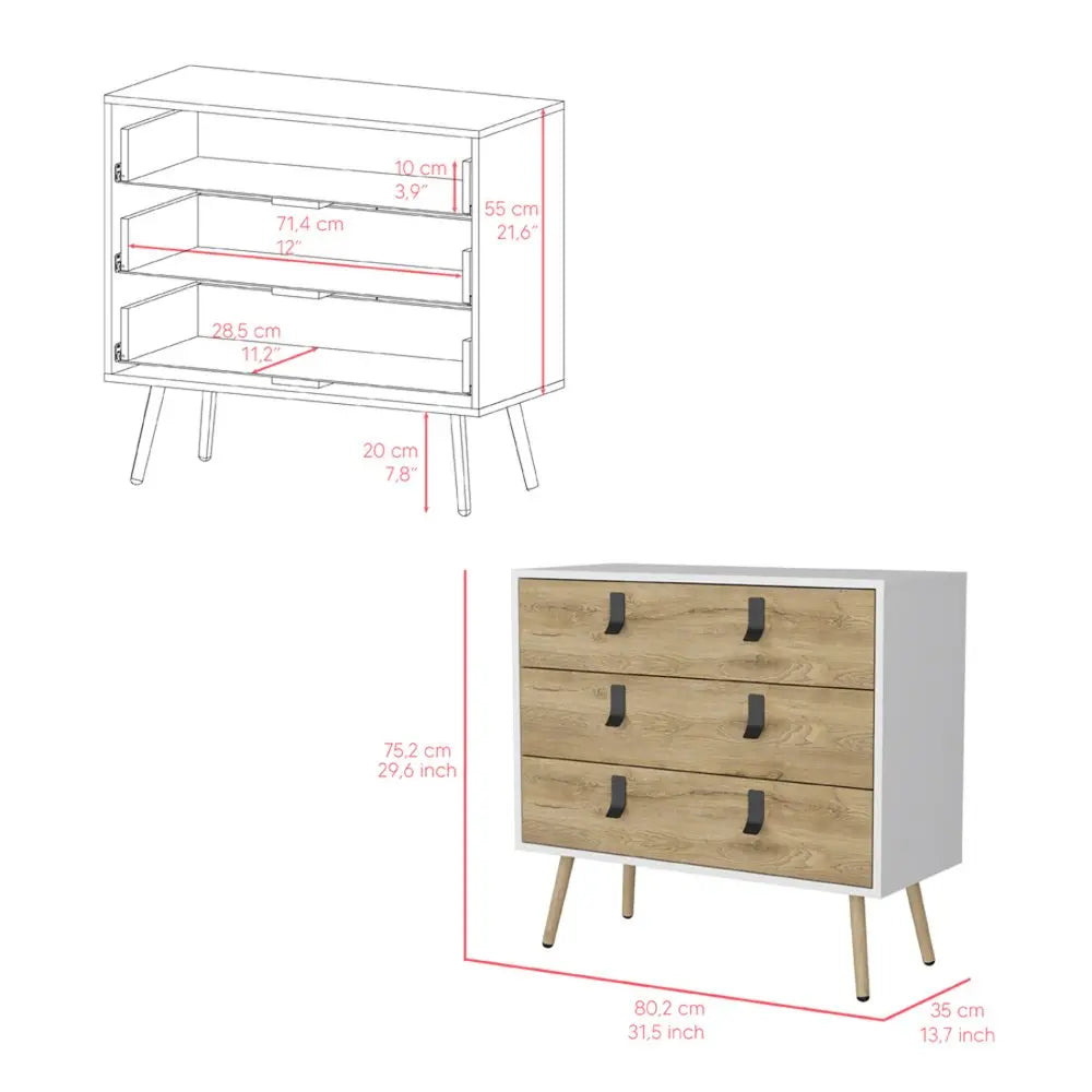 32" White and Natural Three Drawer Dresser HomeRoots