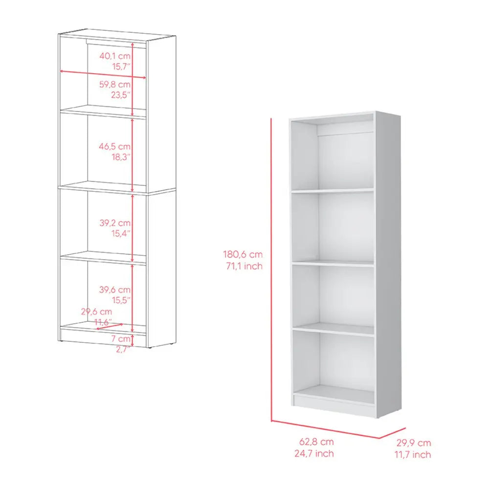 71" White Wood Four Tier Bookcase HomeRoots