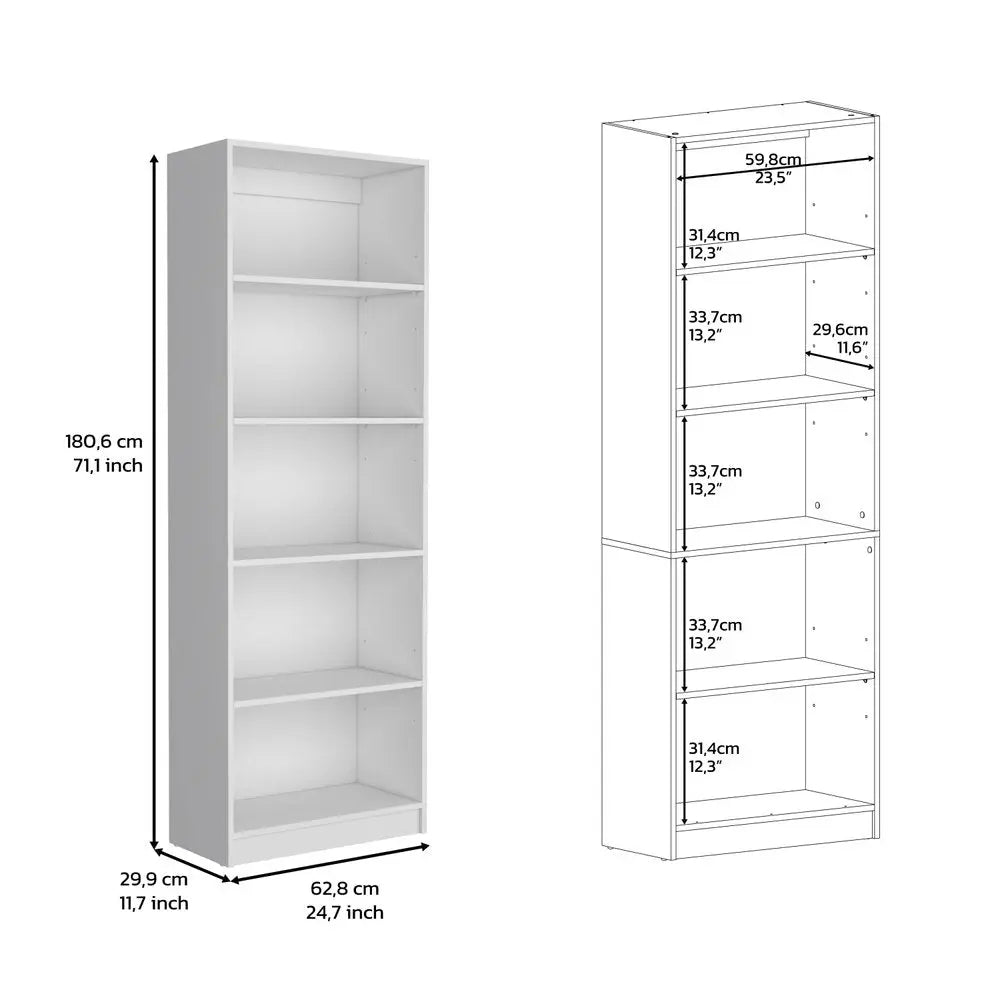 71" White Wood Five Tier Bookcase HomeRoots