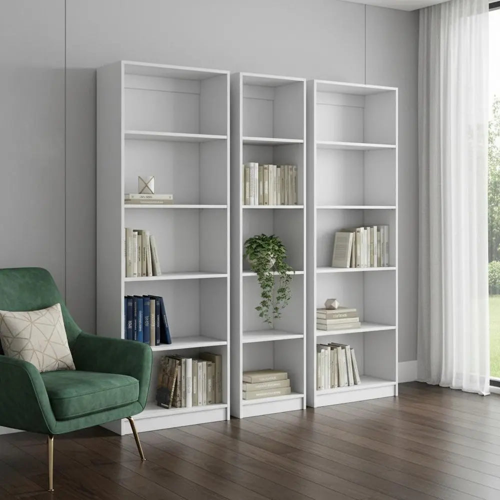 Set of Three White Wood Five Tier Modular Bookcase