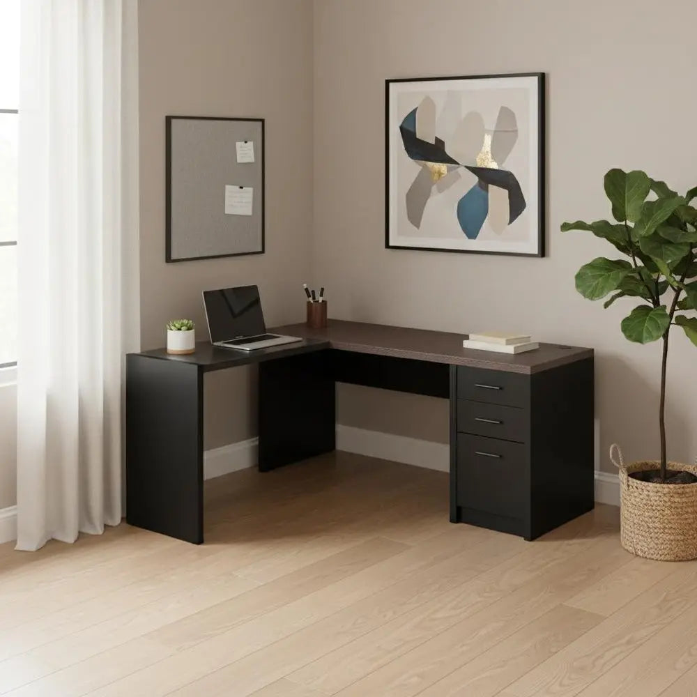 55" Gray and Black L Shape Computer Desk With Three Drawers - NOBLE HOME INTERIORS