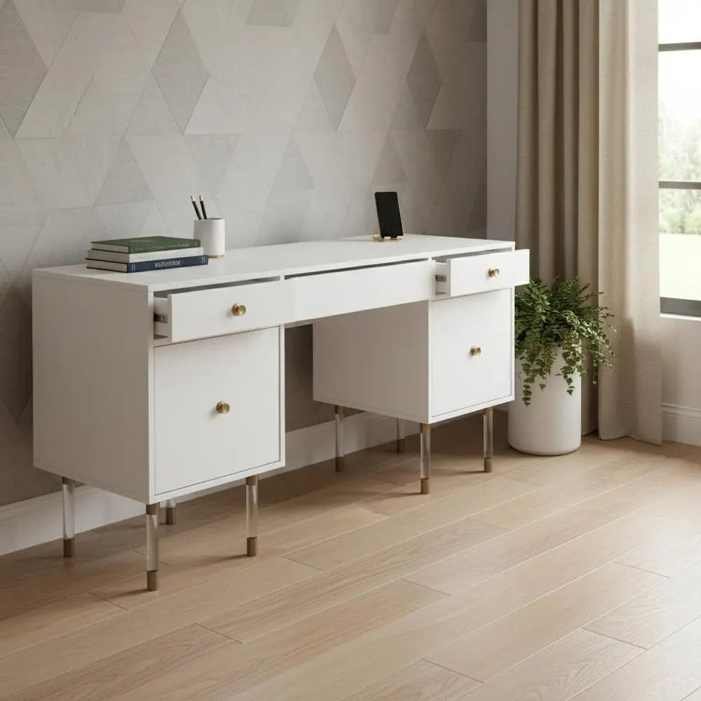 55" White Writing Desk With Four Drawers - NOBLE HOME INTERIORS
