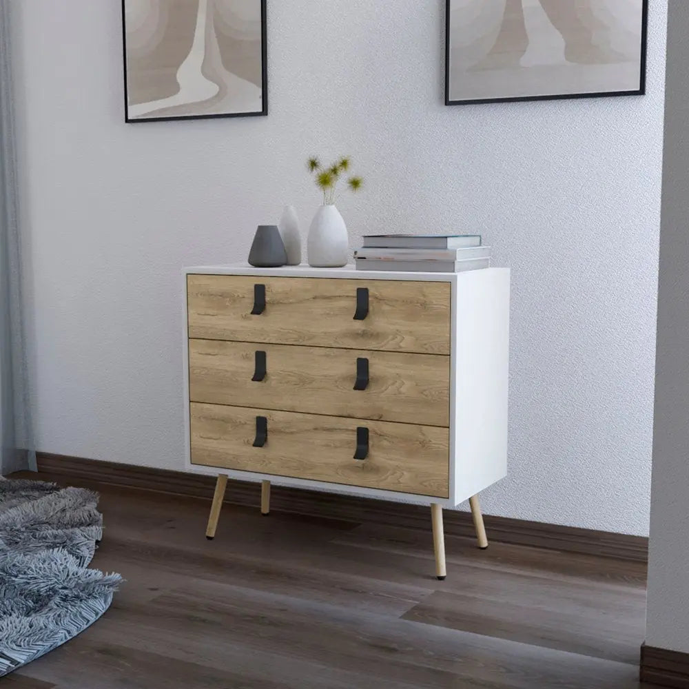 32" White and Natural Three Drawer Dresser HomeRoots