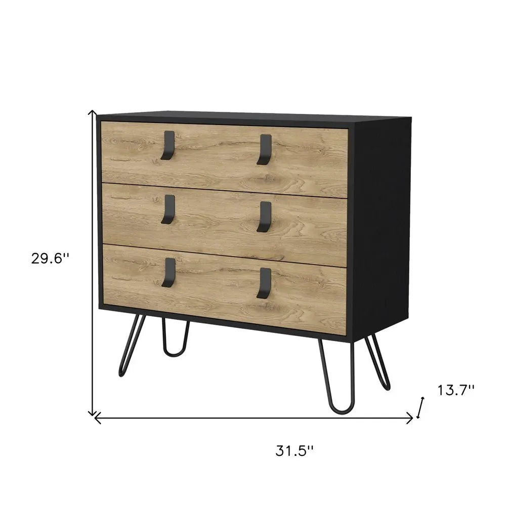 32" Natural and Black Three Drawer Dresser HomeRoots
