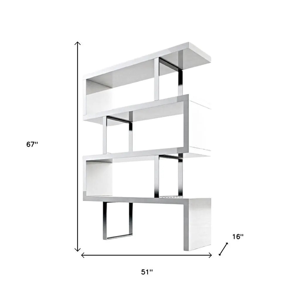 67" White And Silver Metal and Wood Three Tier Etagere Bookcase