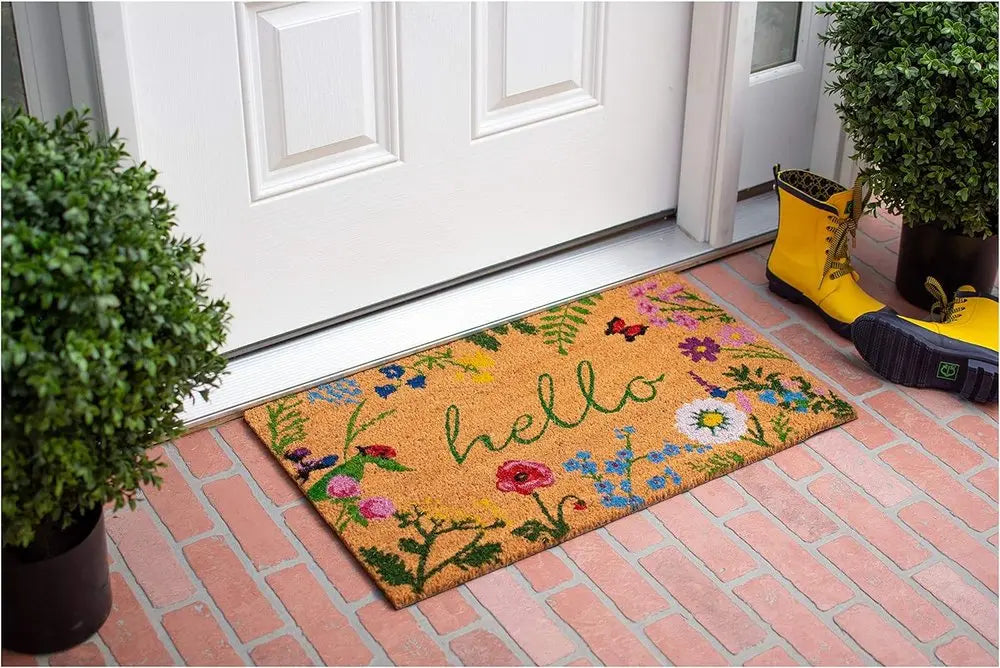 17" X 29" Natural and Green Coir Floral Hello Outdoor Door Mat HomeRoots