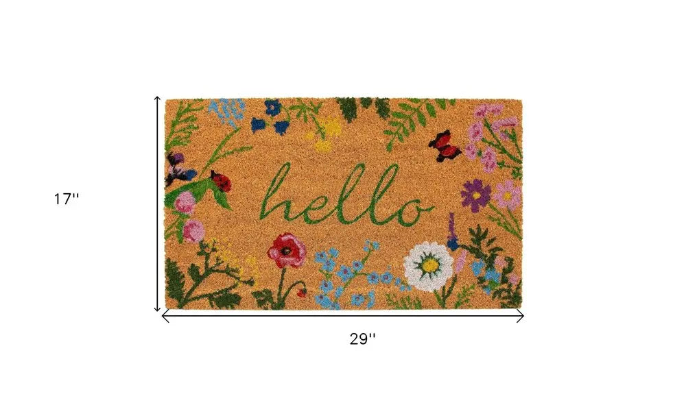 17" X 29" Natural and Green Coir Floral Hello Outdoor Door Mat HomeRoots