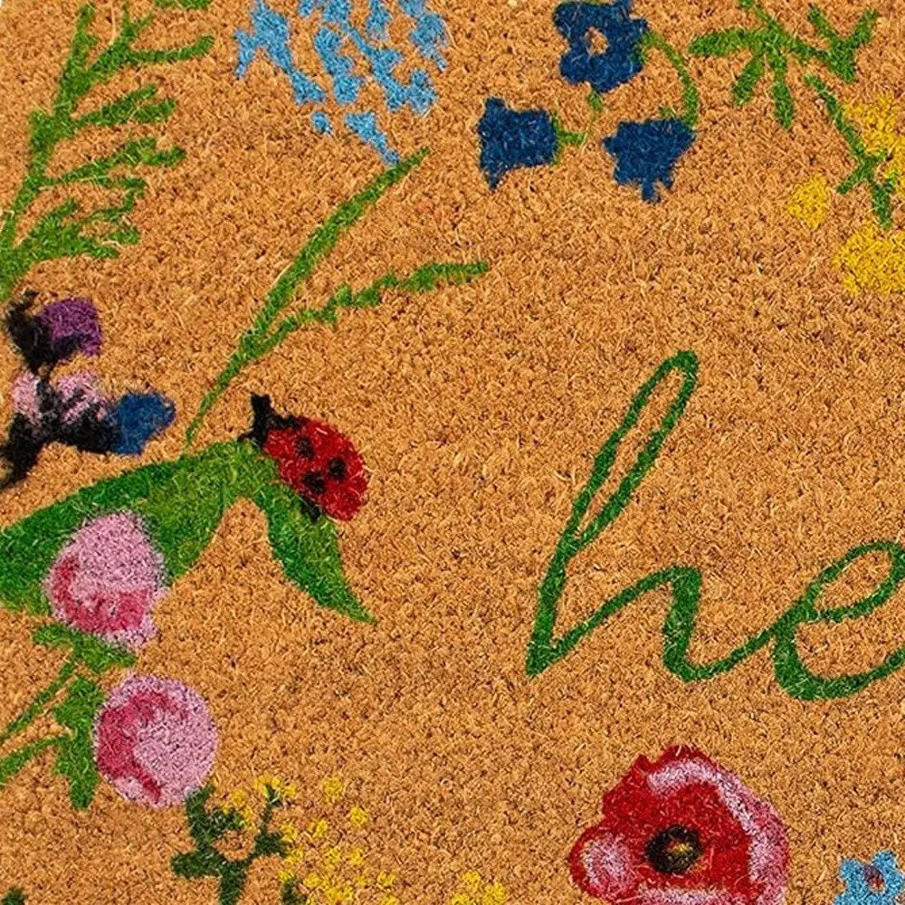 17" X 29" Natural and Green Coir Floral Hello Outdoor Door Mat HomeRoots