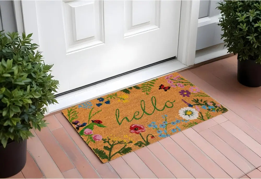 17" X 29" Natural and Green Coir Floral Hello Outdoor Door Mat HomeRoots