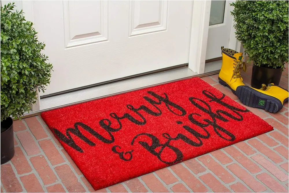 17" X 29" Red and Black Coir Merry and Bright Outdoor Christmas Door Mat HomeRoots