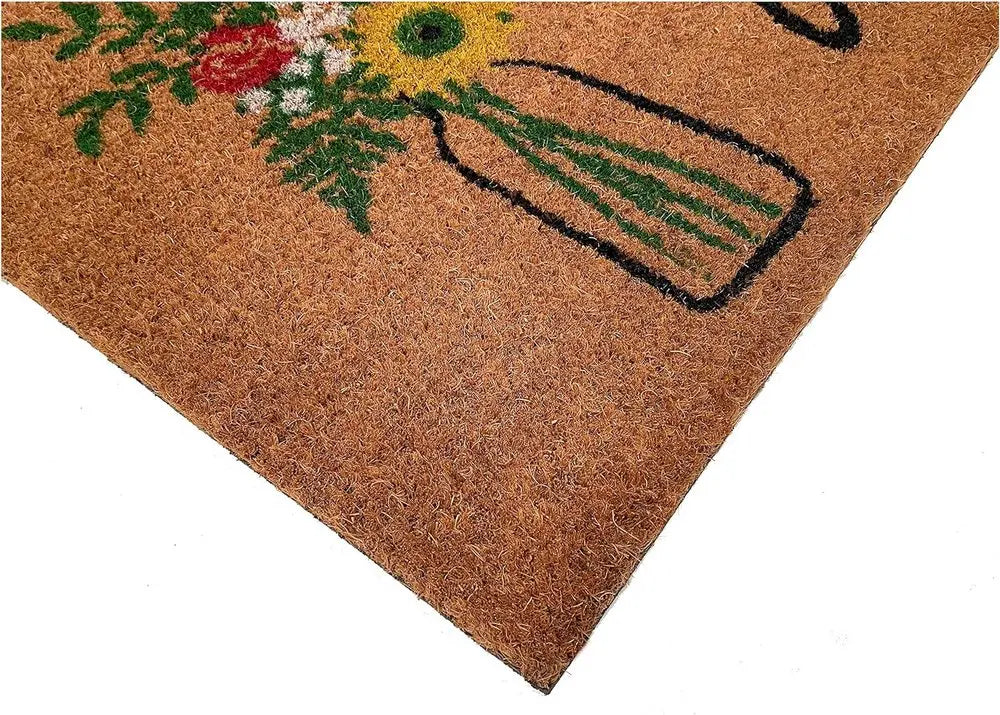 17" X 29" Natural Green and Black Coir Floral Welcome Outdoor Door Mat HomeRoots