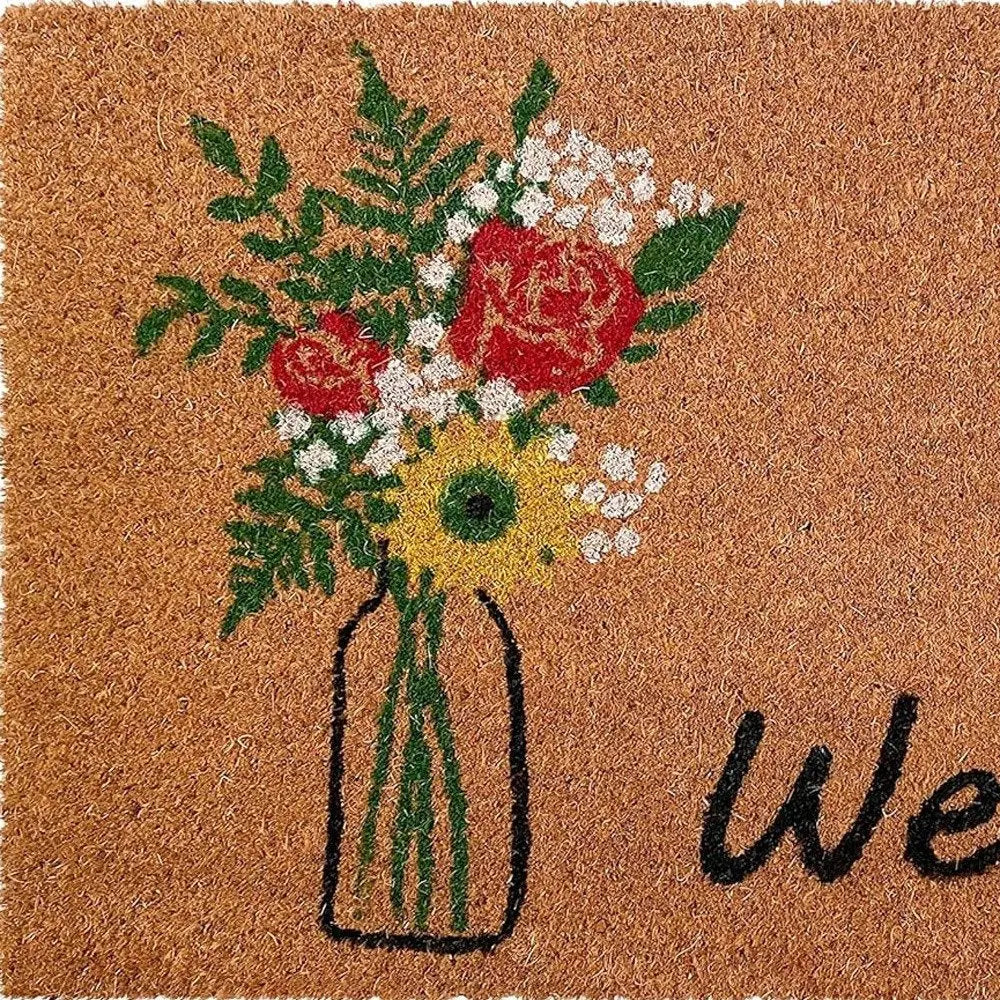 17" X 29" Natural Green and Black Coir Floral Welcome Outdoor Door Mat HomeRoots