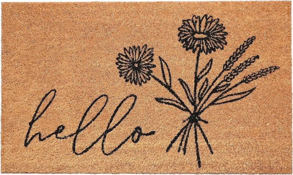 24" X 36" Natural and Black Coir Floral Hello Outdoor Door Mat HomeRoots