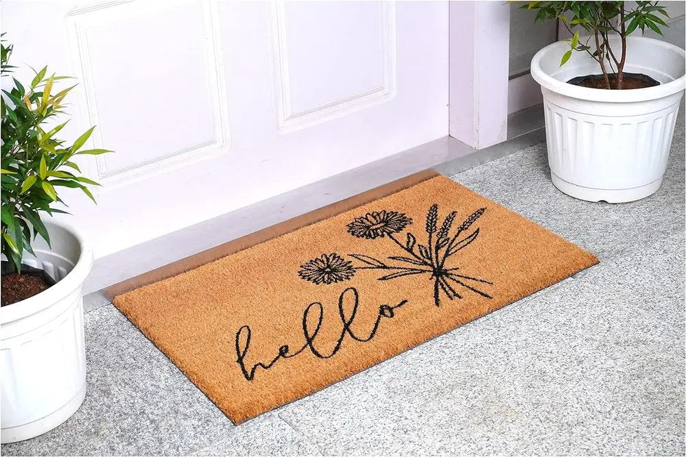 24" X 36" Natural and Black Coir Floral Hello Outdoor Door Mat HomeRoots