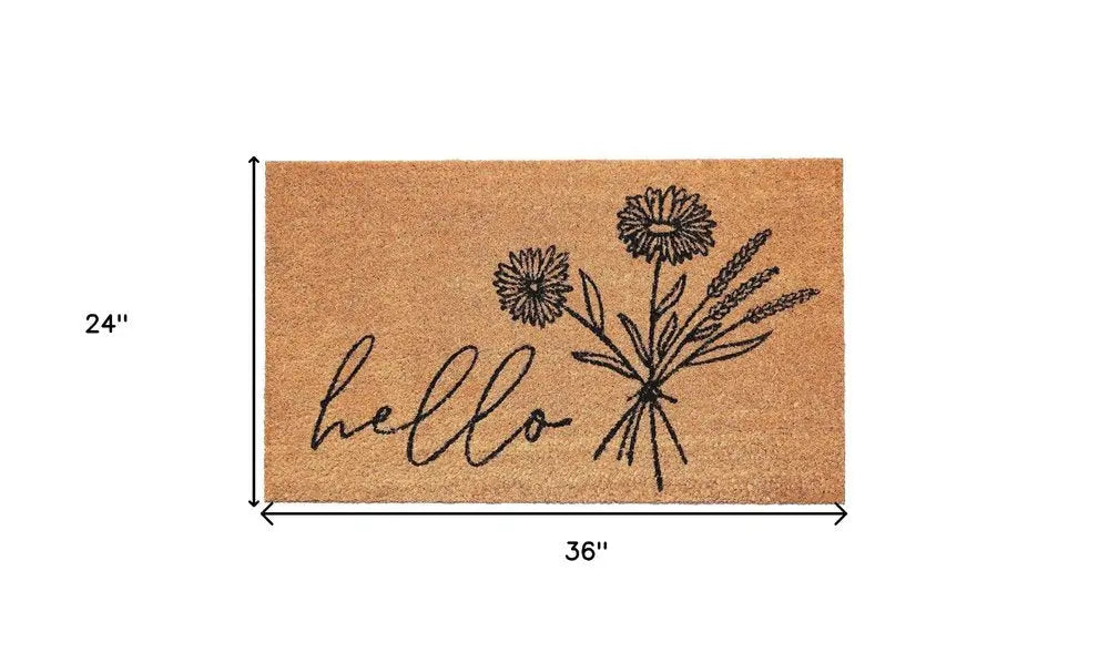 24" X 36" Natural and Black Coir Floral Hello Outdoor Door Mat HomeRoots