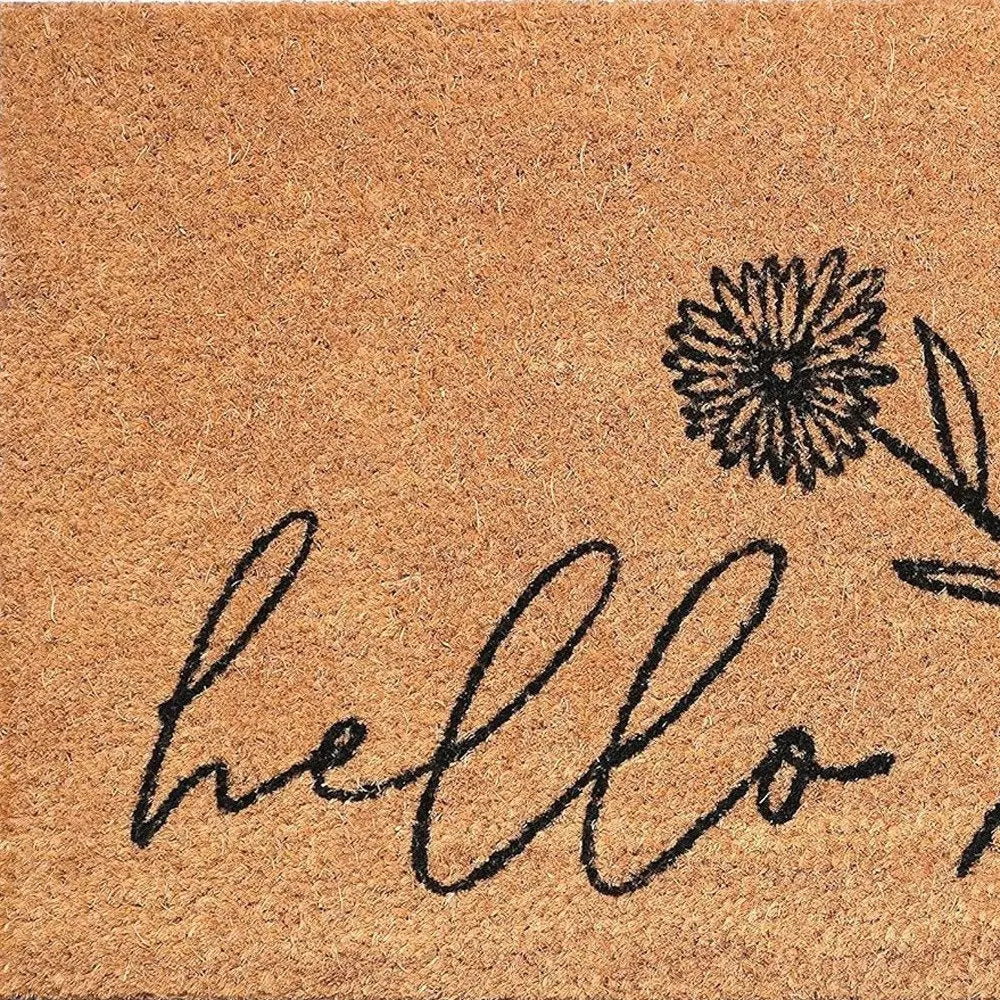 24" X 36" Natural and Black Coir Floral Hello Outdoor Door Mat HomeRoots