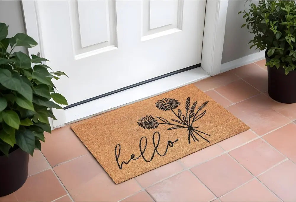 24" X 36" Natural and Black Coir Floral Hello Outdoor Door Mat HomeRoots