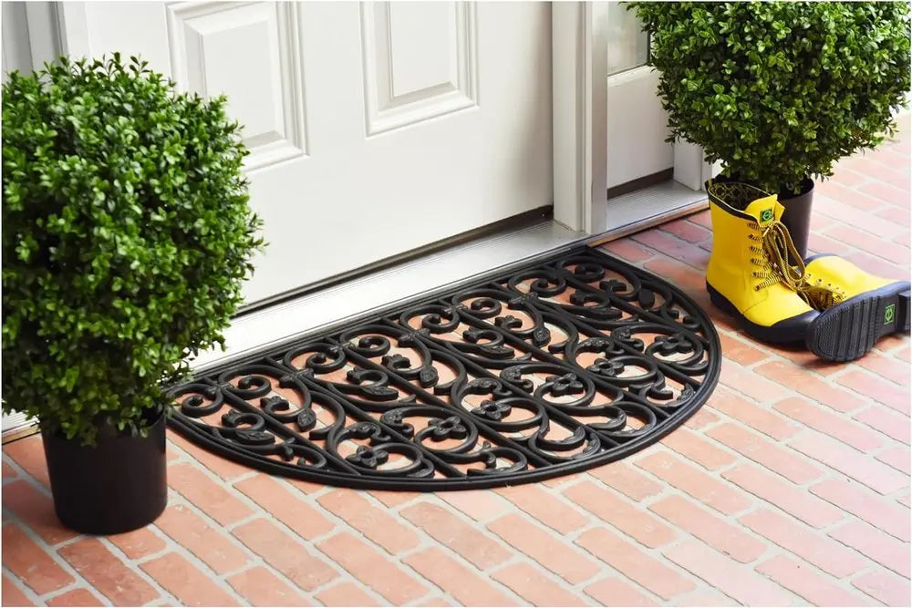 24" X 36" Black Rubber Scrollwork Outdoor Semi Circle Door Mat HomeRoots