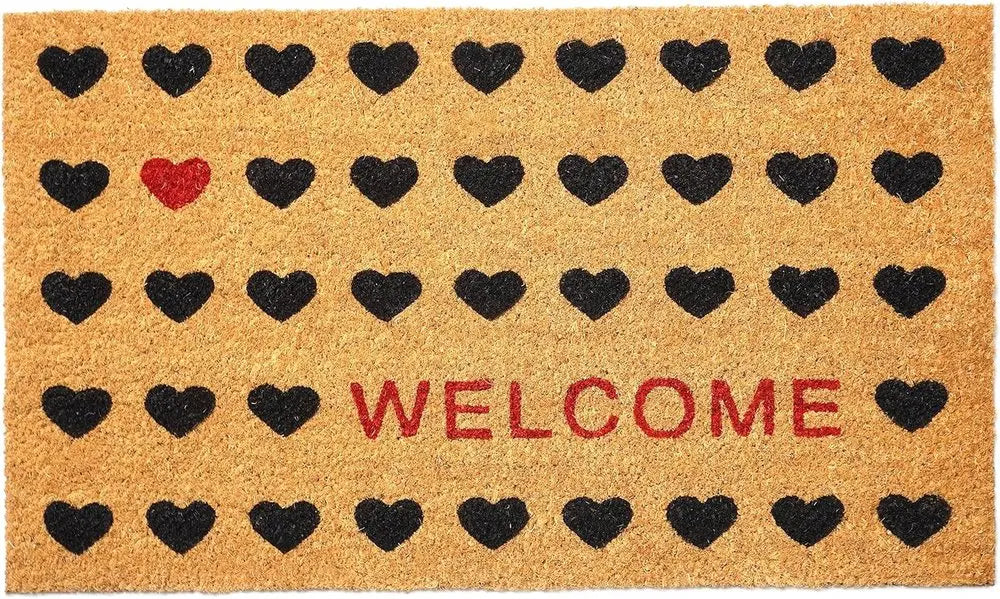 17" X 29" Natural and Black Coir Heart Welcome Outdoor Valentine's Day Door Mat HomeRoots
