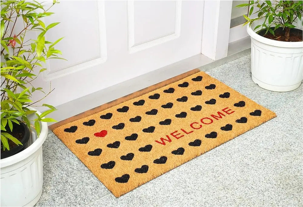 17" X 29" Natural and Black Coir Heart Welcome Outdoor Valentine's Day Door Mat HomeRoots