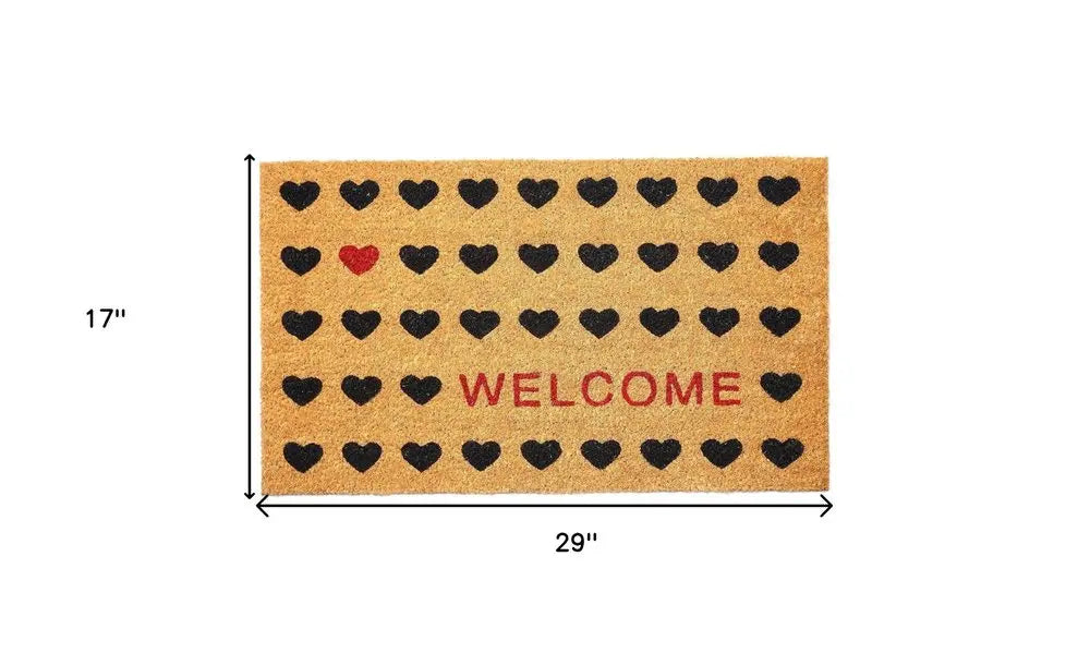 17" X 29" Natural and Black Coir Heart Welcome Outdoor Valentine's Day Door Mat HomeRoots