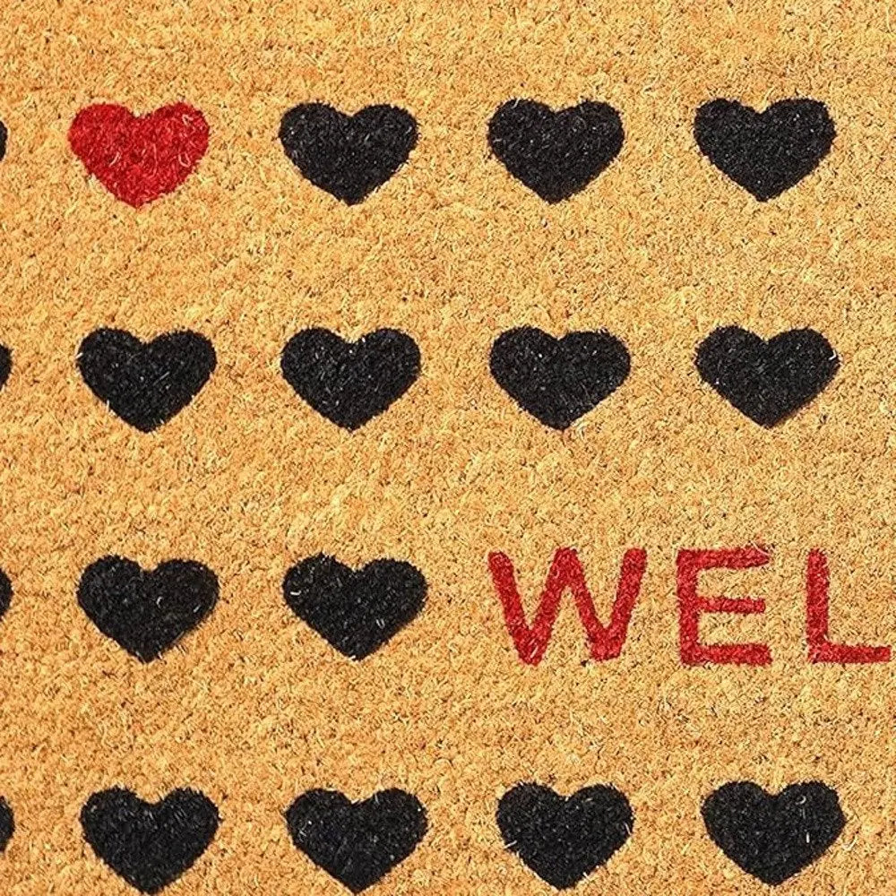 17" X 29" Natural and Black Coir Heart Welcome Outdoor Valentine's Day Door Mat HomeRoots