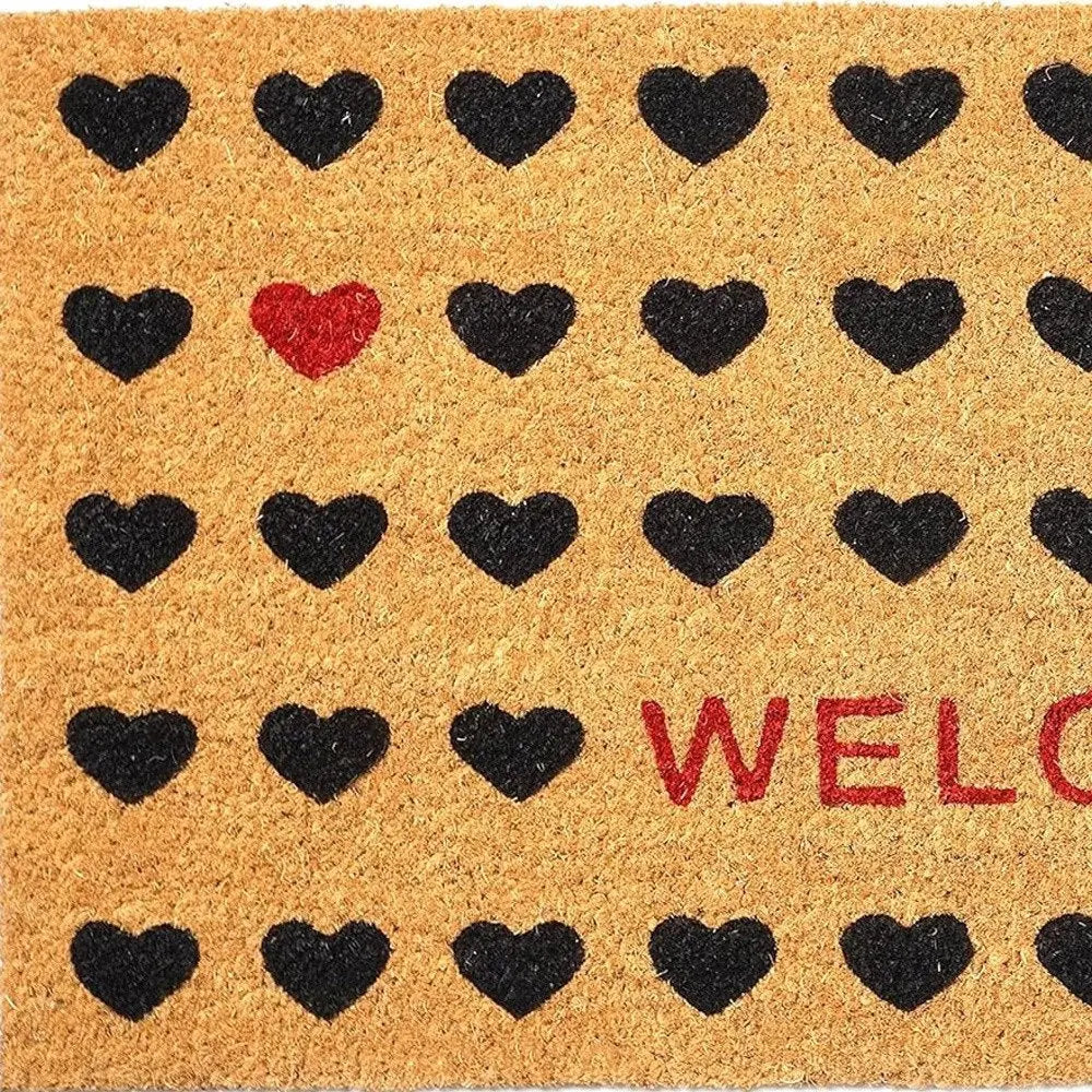 17" X 29" Natural and Black Coir Heart Welcome Outdoor Valentine's Day Door Mat HomeRoots