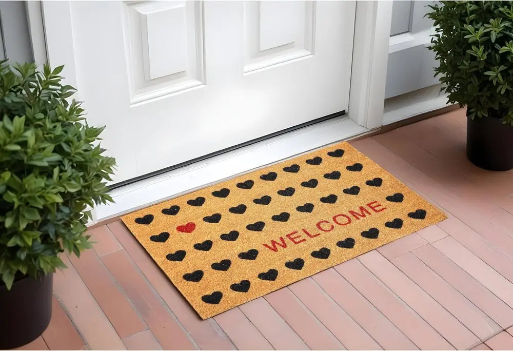 17" X 29" Natural and Black Coir Heart Welcome Outdoor Valentine's Day Door Mat HomeRoots