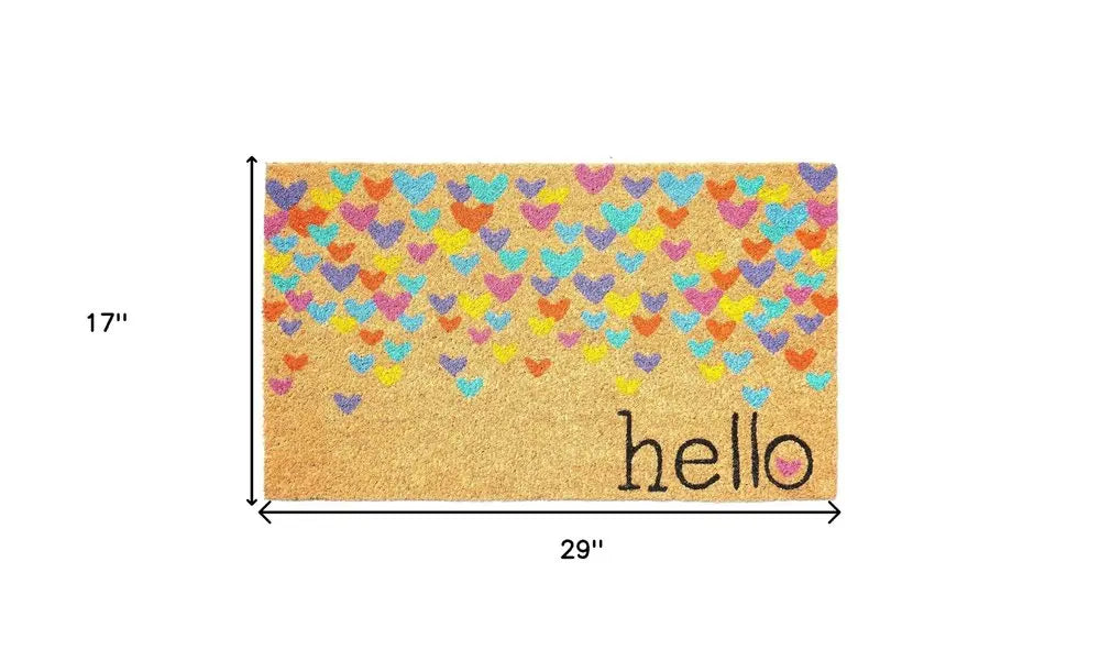 17" X 29" Natural Blue and Yellow Coir Heart Outdoor Valentine's Day Door Mat HomeRoots
