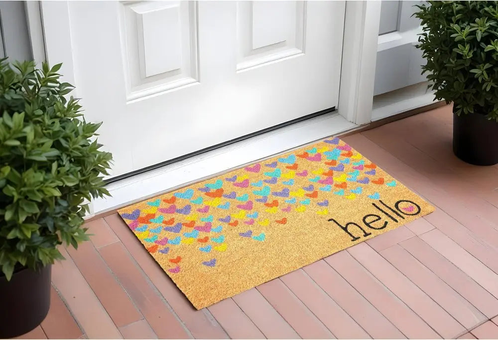 17" X 29" Natural Blue and Yellow Coir Heart Outdoor Valentine's Day Door Mat HomeRoots