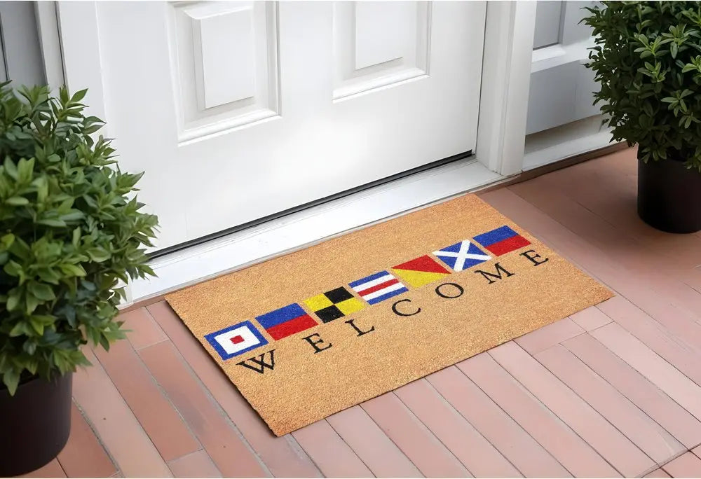 17" X 29" Natural Blue and Red Coir Nautical Flag Welcome Outdoor Door Mat HomeRoots