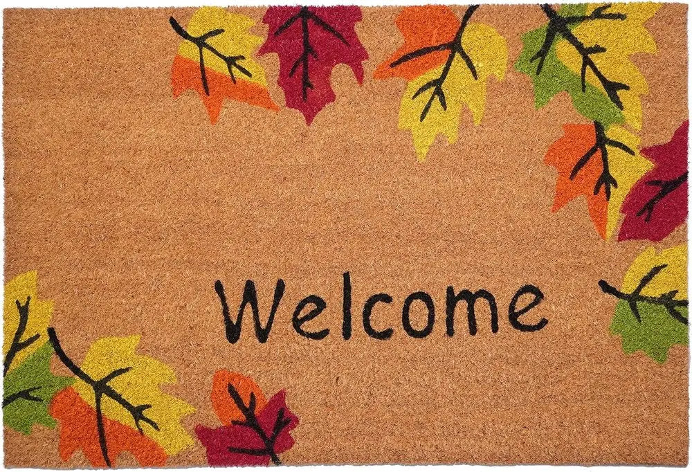 17" X 29" Natural Red and Yellow Coir Leaves Welcome Outdoor Fall Door Mat HomeRoots