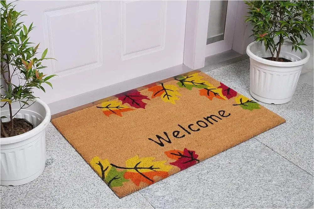17" X 29" Natural Red and Yellow Coir Leaves Welcome Outdoor Fall Door Mat HomeRoots