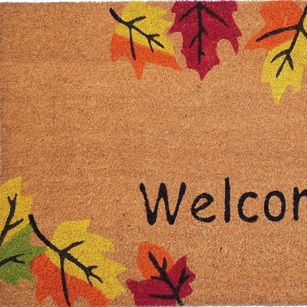 17" X 29" Natural Red and Yellow Coir Leaves Welcome Outdoor Fall Door Mat HomeRoots