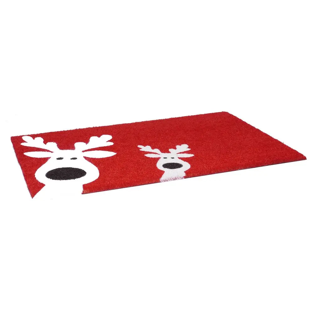 17" X 29" Red and White Coir Reindeer Outdoor Christmas Door Mat HomeRoots