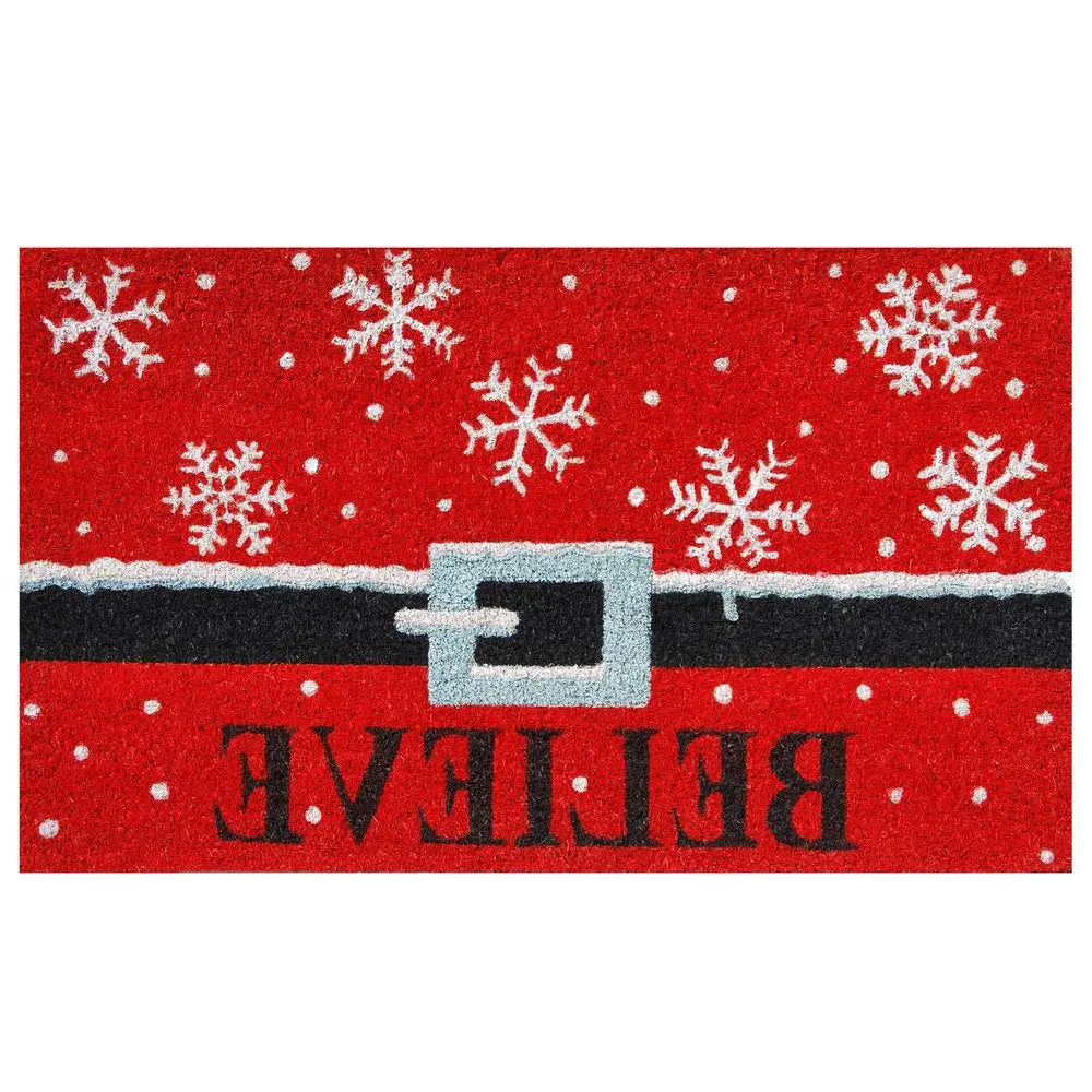 17" X 29" Red Black and White Coir Snowflake Believe Outdoor Christmas Door Mat HomeRoots