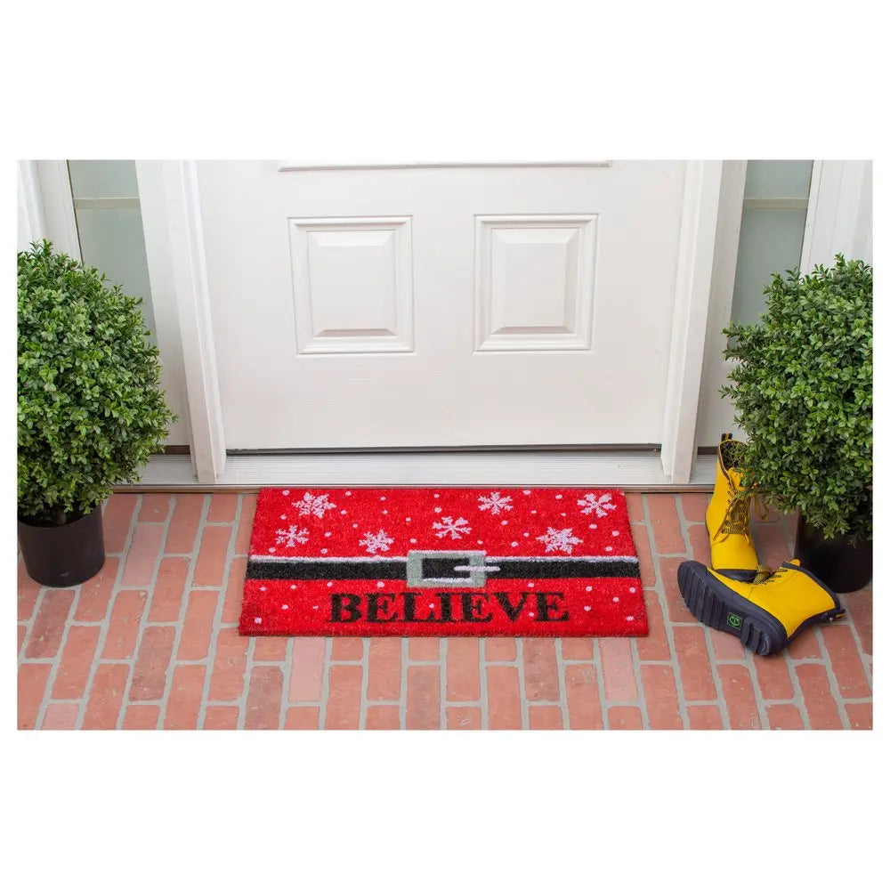 17" X 29" Red Black and White Coir Snowflake Believe Outdoor Christmas Door Mat HomeRoots