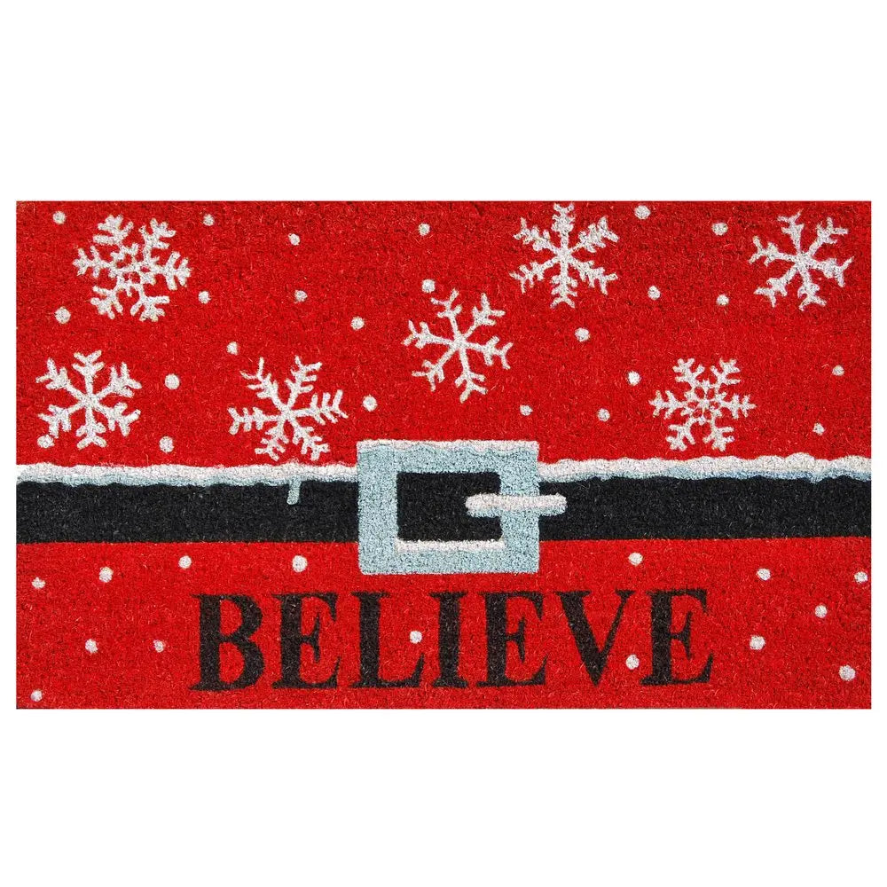 17" X 29" Red Black and White Coir Snowflake Believe Outdoor Christmas Door Mat HomeRoots