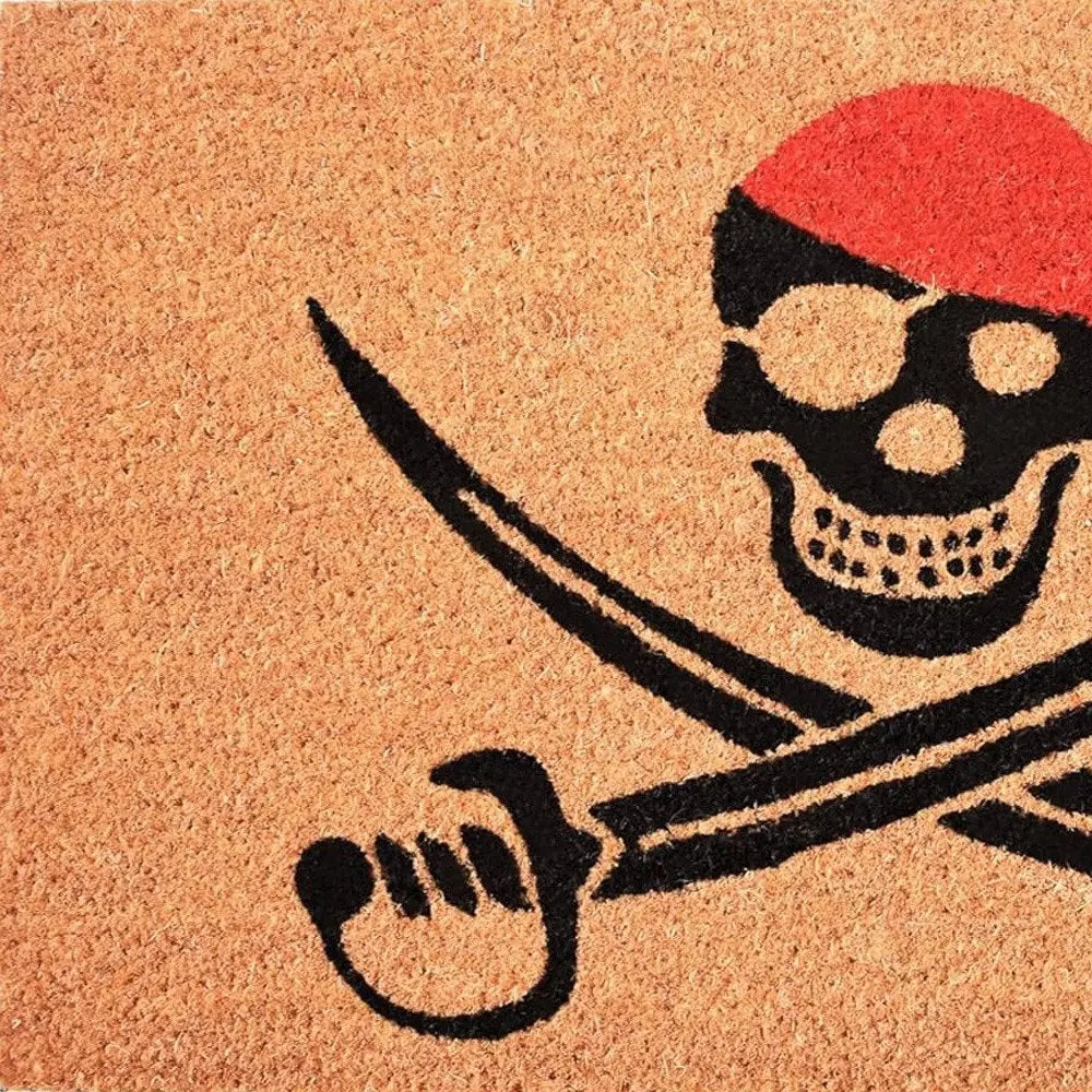17" X 29" Natural Red and Black Coir Pirate Outdoor Halloween Door Mat HomeRoots