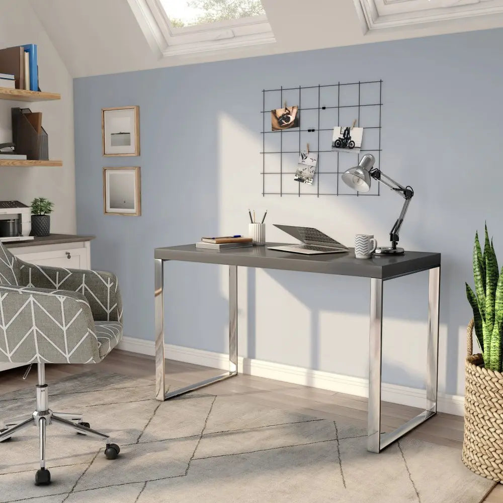 47" Gray and Silver Wood and Stainless Steel Sled Writing Desk HomeRoots