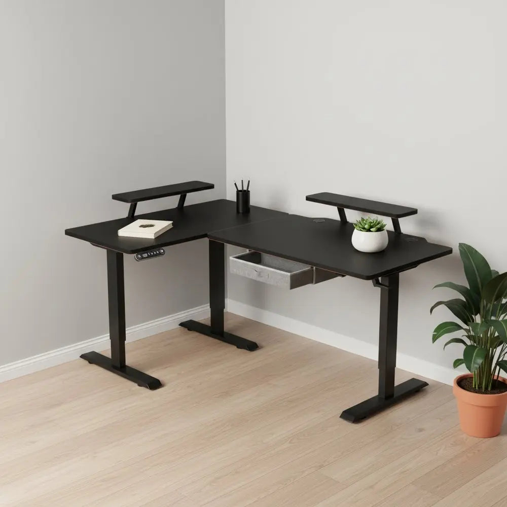 Adjustable Oak and Beige Wood and Metal Corner Rolling T-Shape Standing Desk HomeRoots